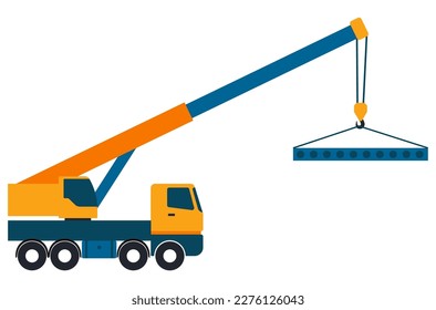 Crane truck with view from side isolated on white background. Construction vehicle vector mockup, easy editing and recolor. 