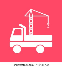 Crane Truck white icon on magenta color background. Eps-10.