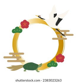 Crane and Turtle Brushstroke-style circular frame