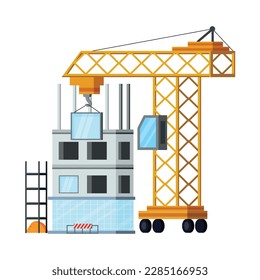 Edificio de grúa y sin terminar en la obra de construcción ilustración vectorial plana