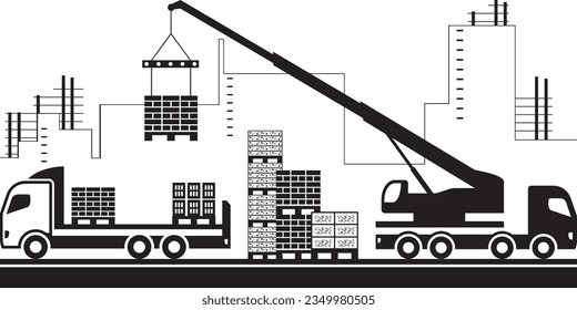 Crane unloads construction materials from  truck – vector illustration