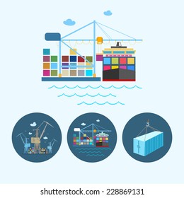 Crane unloads containers from cargo ship. Set with  round colorful logistic icons,   container hanging on crane hook 