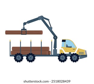 Crane unloads firewood. Wood production and forestry. Machine with load in form felled trees, forestry equipment for transportation, loading, unloading in warehouse. Building, storage production