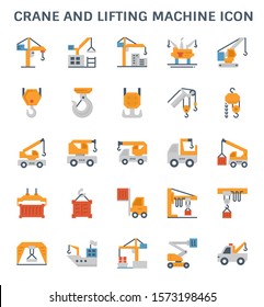 Crane vector icon or lifting equipment i.e. tower, crawler, hook, winch, mobile, truck, overhead, gantry, container. For business and industry i.e. building construction, transportation and production