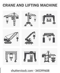 Crane vector icon and lifting equipment i.e. tower, gantry, crawler, mobile, overhead, container. For import export business and industry i.e. construction, shipping transportation and production.