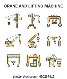 Crane vector icon and lifting equipment i.e. tower, gantry, crawler, mobile, overhead, container. For import export business and industry i.e. construction, shipping transportation and production.