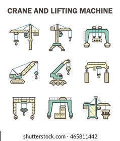 Crane vector icon and lifting equipment i.e. tower, gantry, crawler, mobile, overhead, container. For import export business and industry i.e. construction, shipping transportation and production.