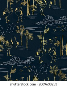 crane vector pattern bamboo japanese gold black dark