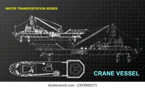 Crane vessel model. Line art sketch wallpaper of water transportation series. Drafting art. Grid lines drawing against dark background. 