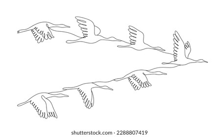 Crane wedge. Birds fly in a flock. Migration of migratory birds. World Migratory Bird Day. One line drawing for different uses. Vector illustration.