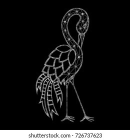crane, white lace. traditional stylish fashionable embroidered embroidery on a black background. sketch for printing on fabric, bag, clothes, accessories and design. trend vector