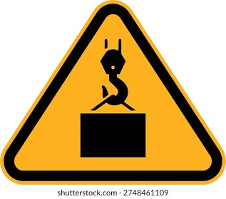 Crane work area warning sign showing suspended load lifted by crane hook. Construction site hazard symbol for lifting operations. Yellow triangular safety sign isolated on white background. Vector illustration.