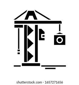 Icono negro de trabajo de grúa, ilustración conceptual, símbolo plano vectorial, signo de glifo.
