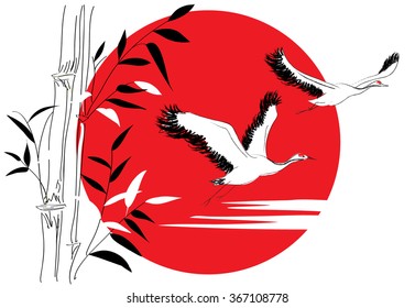 Cranes and bamboo in the sun