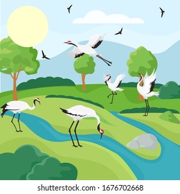 Cranes bird flock in wildlife vector illustration hand drawn. Natural scenery wallpaper background with japanese red crowned cranes. Landscape with grassland, water, mountain, and trees.