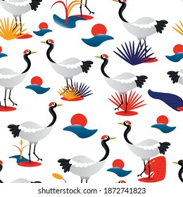 cranes, birds, animals asian vector seamless pattern on white background. Concept for wallpaper, wrapping paper, cards  