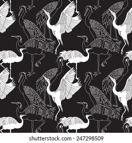 Cranes birds seamless black and white pattern