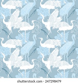 Cranes birds seamless light blue color pattern