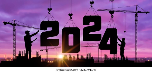 Cranes building construction 2024 year sign. Black silhouette staff works as a team to prepare to welcome the new year 2024. Against the backdrop of the rising sun and the sky with clouds. Vector eps.