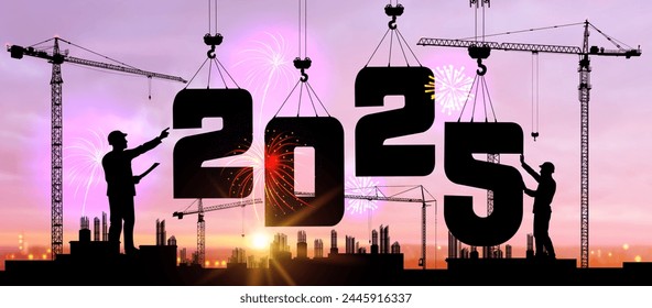 Cranes building construction 2025 year sign. Black silhouette staff works as a team to prepare to welcome the new year 2025. Against the backdrop of the rising sun and the sky with clouds. Vector.