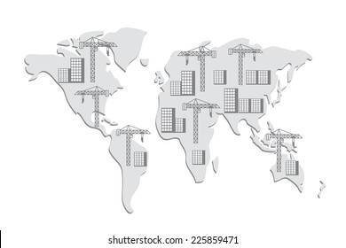 Cranes and buildings around the world as civil engineering concept, vector illustration