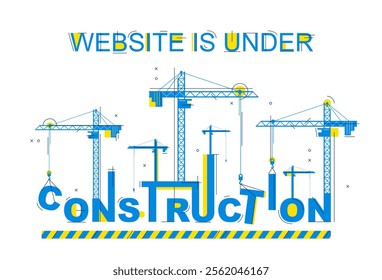 Cranes builds Construction word vector concept design, conceptual illustration with lettering allegory in progress development, stylish metaphor of website site progress.