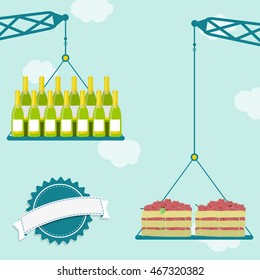 Cranes carrying crate of fresh rose grapes and champagne bottles. Blue sky in the background. Blank ribbon for insert text.