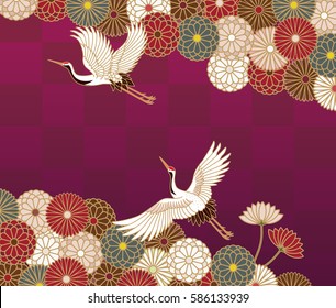 Cranes and chrysanthemums Japanese traditional pattern in dark purple background