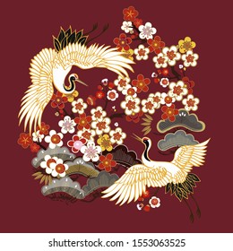 CRANES AND COLOR SAKURA.Colorful floral seamless pattern with flowers, japanese bird. Vector traditional folk fashion ornament on  burgundy background.