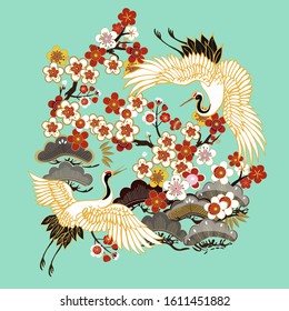 CRANES AND COLOR SAKURA.Colorful floral seamless pattern with flowers, japanese bird. Vector traditional folk fashion ornament.