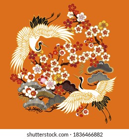 GRÁFICAS Y COLOR SAKURA.Colorido patrón floral sin costuras con flores, pájaro japonés. Ornamento tradicional de moda folclórica sobre  
Fondo naranja.