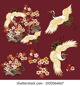 CRANES AND COLOR SAKURA.Colorful floral seamless pattern with flowers, japanese bird. Vector traditional folk fashion ornament on  burgundy background.