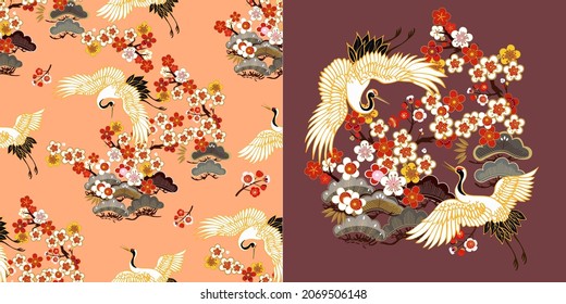 CRANES AND COLOR SAKURA.Colorful floral seamless pattern with flowers, japanese bird. Vector traditional folk fashion ornament on  
Orange background.