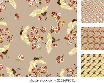 CRANES AND COLOR SAKURA.Colorful floral seamless pattern with flowers, japanese bird. Vector traditional folk fashion ornament on  Cantaloupe color background. - Vector.