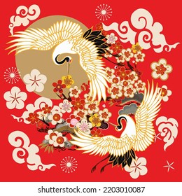 CRANES AND COLOR SAKURA.Colorful floral seamless pattern with flowers, japanese bird. Vector traditional folk fashion ornament on  red background.