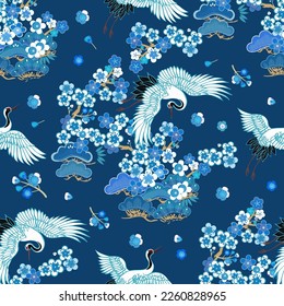 CRANES AND COLOR SAKURA.Colorful floral seamless pattern with flowers, japanese bird. Vector traditional folk fashion ornament on  Cantaloupe color background. - Vector.