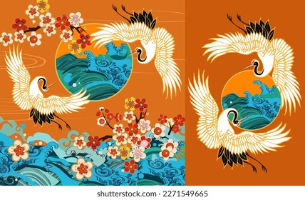 CRANES AND COLOR SAKURA.Colorful floral seamless pattern with flowers, japanese bird. Vector traditional folk fashion ornament on  burgundy background.