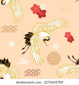 CRANES AND COLOR SAKURA.Colorful floral seamless pattern with flowers, japanese bird. Vector traditional folk fashion ornament on  burgundy background.