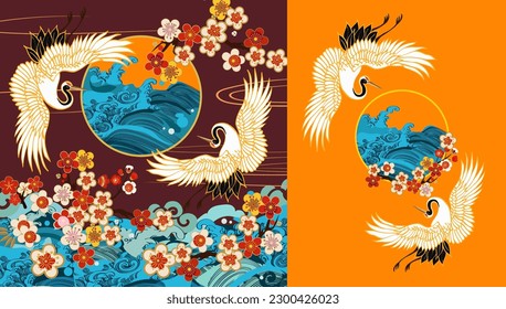 CRANES AND COLOR SAKURA.Colorful floral seamless pattern with flowers, japanese bird. Vector traditional folk fashion ornament.