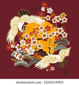 CRANES AND COLOR SAKURA.Colorful floral seamless pattern with flowers, japanese bird. Vector traditional folk fashion ornament on  burgundy background.