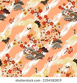 CRANES AND COLOR SAKURA.Colorful floral seamless pattern with flowers, japanese bird. Vector traditional folk fashion ornament on  Cantaloupe color background. - Vector.