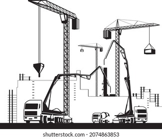 Cranes and concrete pump trucks on construction site – vector illustration