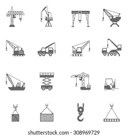 Cranes for different construction projects black icons set with tower and floating cranes abstract isolated vector illustration