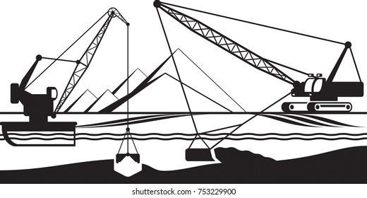 Cranes extracting sand from bottom of river - vector illustration