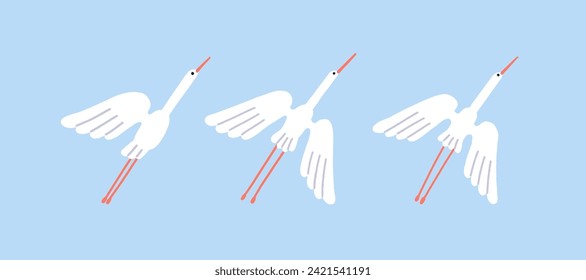 Cranes in flight. Egrets, herons flying in sky. Winged feathered animals, birds flock with long beaks, flies in air, soaring, gliding in nature. Wild fauna drawing. Flat vector illustrations