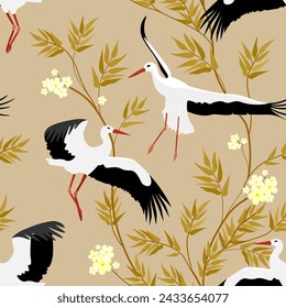 Cranes with a floral pattern on a beige background. Seamless pattern. Flying birds.
