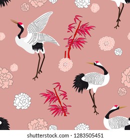 Cranes and flowers. Seamless vector pattern with birds, peonies, asters and bamboo inspired by Japanese art. Oriental textile collection. On pink background.