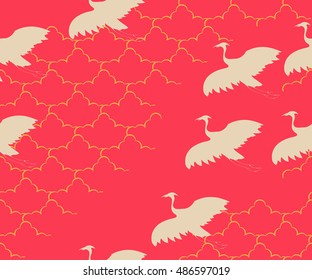 cranes flying in the clouds, Japanese style seamless pattern in red and ivory