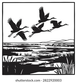 Cranes flying over marshland with marshland wildlife migration silhouette illustration outdoors