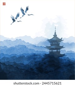 Cranes flying over a pagoda amid misty blue mountains.Traditional oriental ink painting sumi-e, u-sin, go-hua.Hieroglyph - clarity.